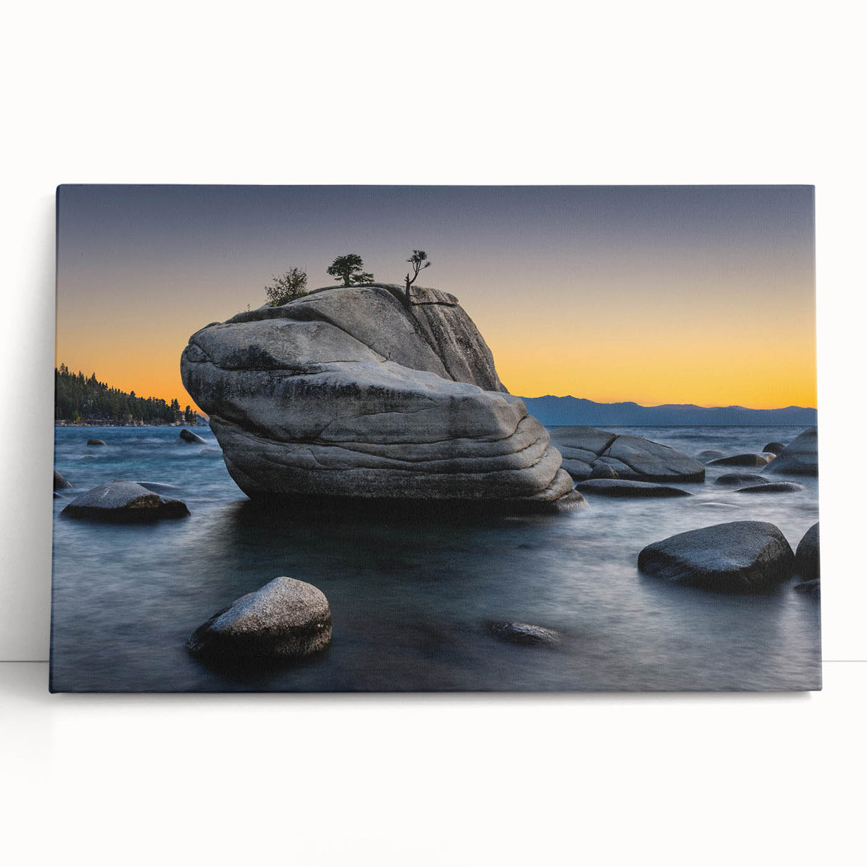 Black and white photograph of Lake Tahoe on stretched canvas, ideal for kitchen wall art or bedroom ambiance.