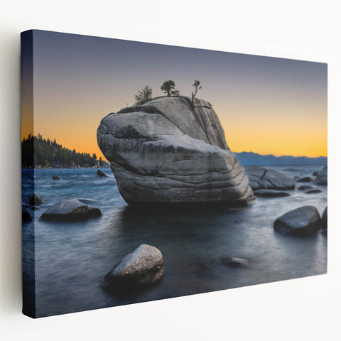 Large canvas print of Lake Tahoe with vibrant blue and green hues, ideal for kitchen wall art.