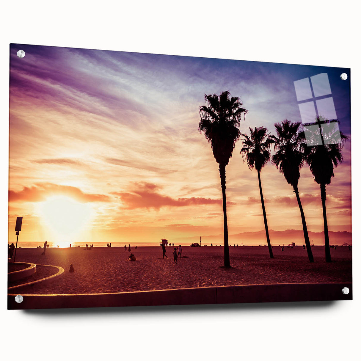 Acrylic print of Los Angeles skyline in muted gray and blue tones, ideal for modern bedroom or dining room decor.