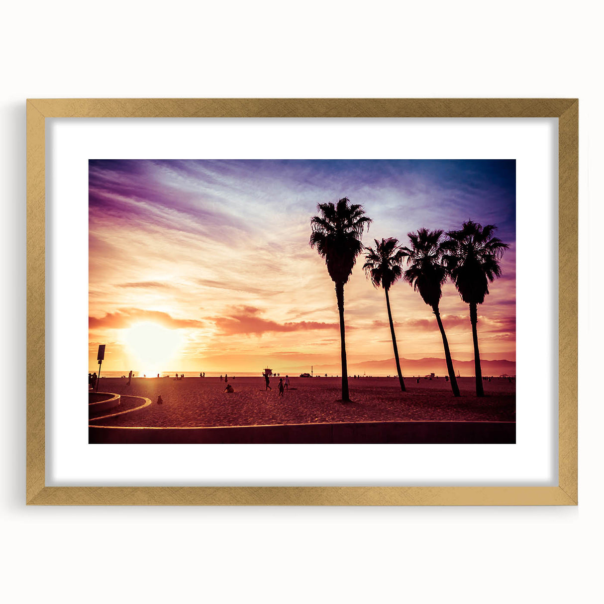 Extra large abstract art print of Los Angeles skyline in muted gold and blue tones on a textured canvas.