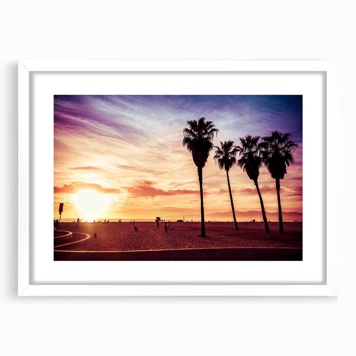 Abstract art print of Los Angeles skyline in muted gray and blue tones on a framed white mat, ideal for dining room decor.