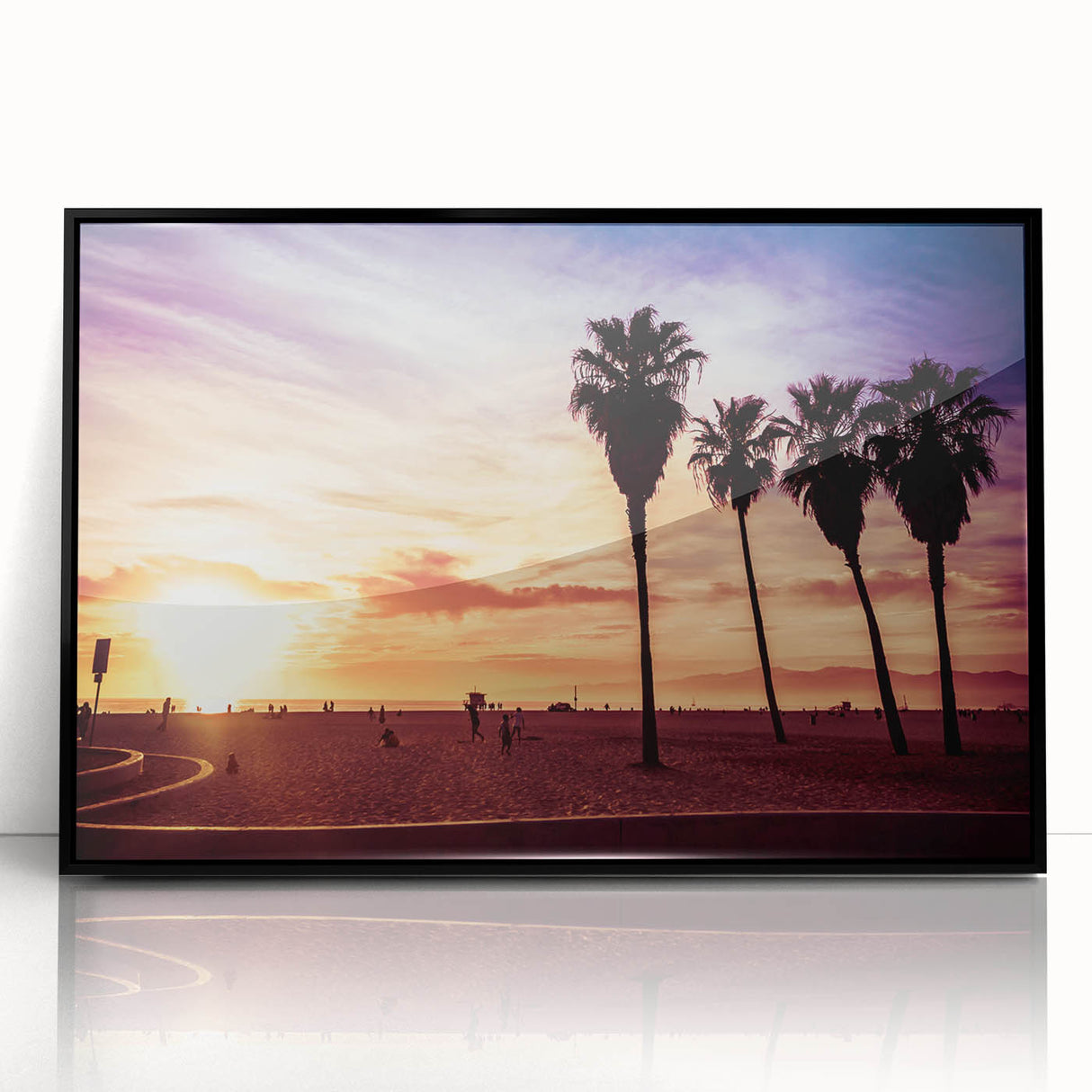 Large abstract wall art of Los Angeles skyline in muted gray and blue tones, framed acrylic.
