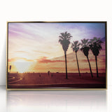 Framed acrylic print of Los Angeles skyline in gold and blue tones, ideal for modern art wall decor.