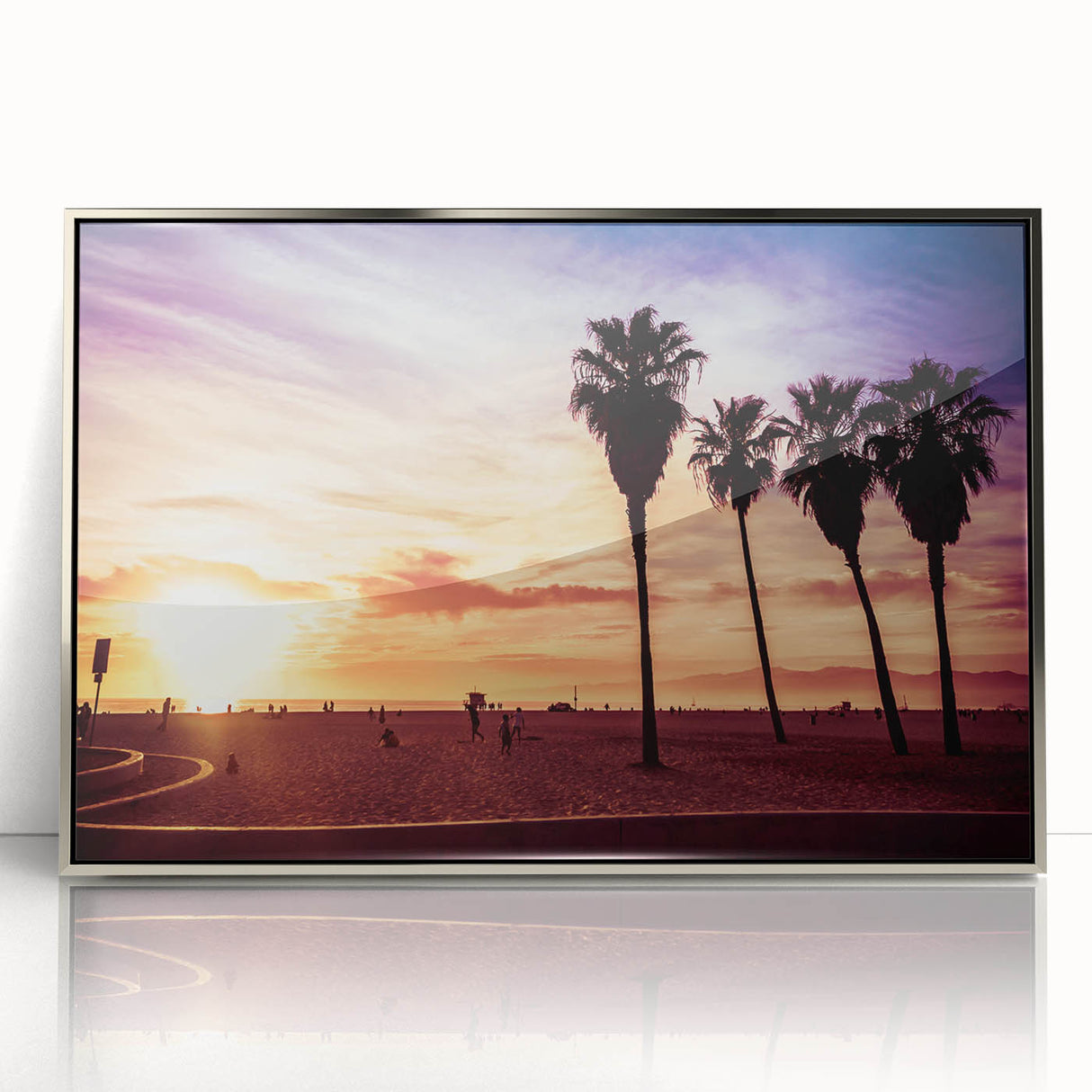 Mid-century modernist art of Los Angeles skyline in muted colors on a framed acrylic print.