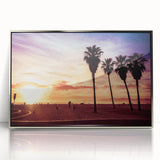 Mid-century modernist art of Los Angeles skyline in muted colors on a framed acrylic print.