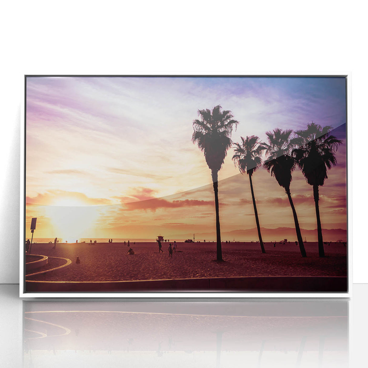 Acrylic print of Los Angeles skyline in art deco style, framed in white, suitable for modern art wall decor.