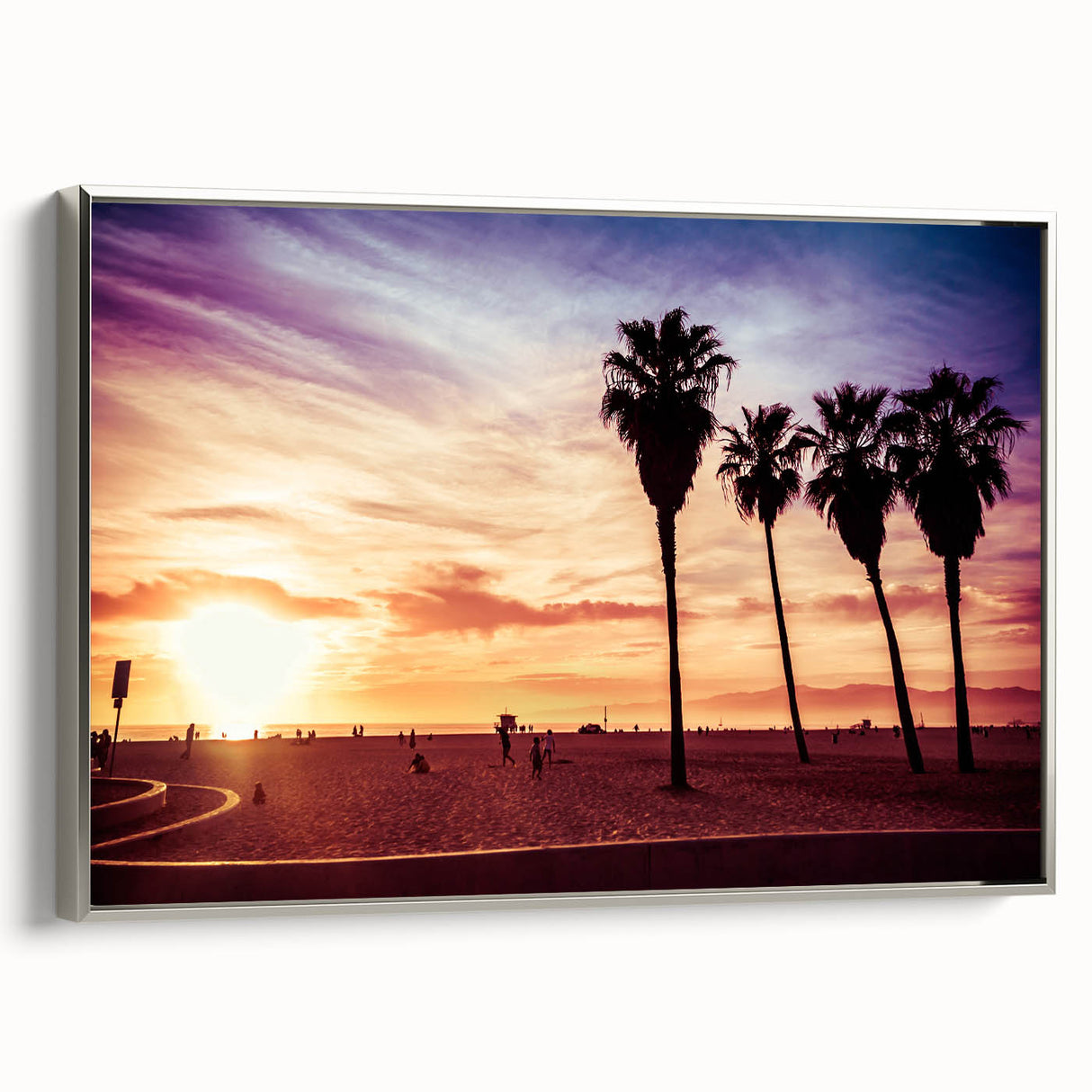 Framed canvas landscape art painting of Los Angeles with vintage poster style and colorful palette.