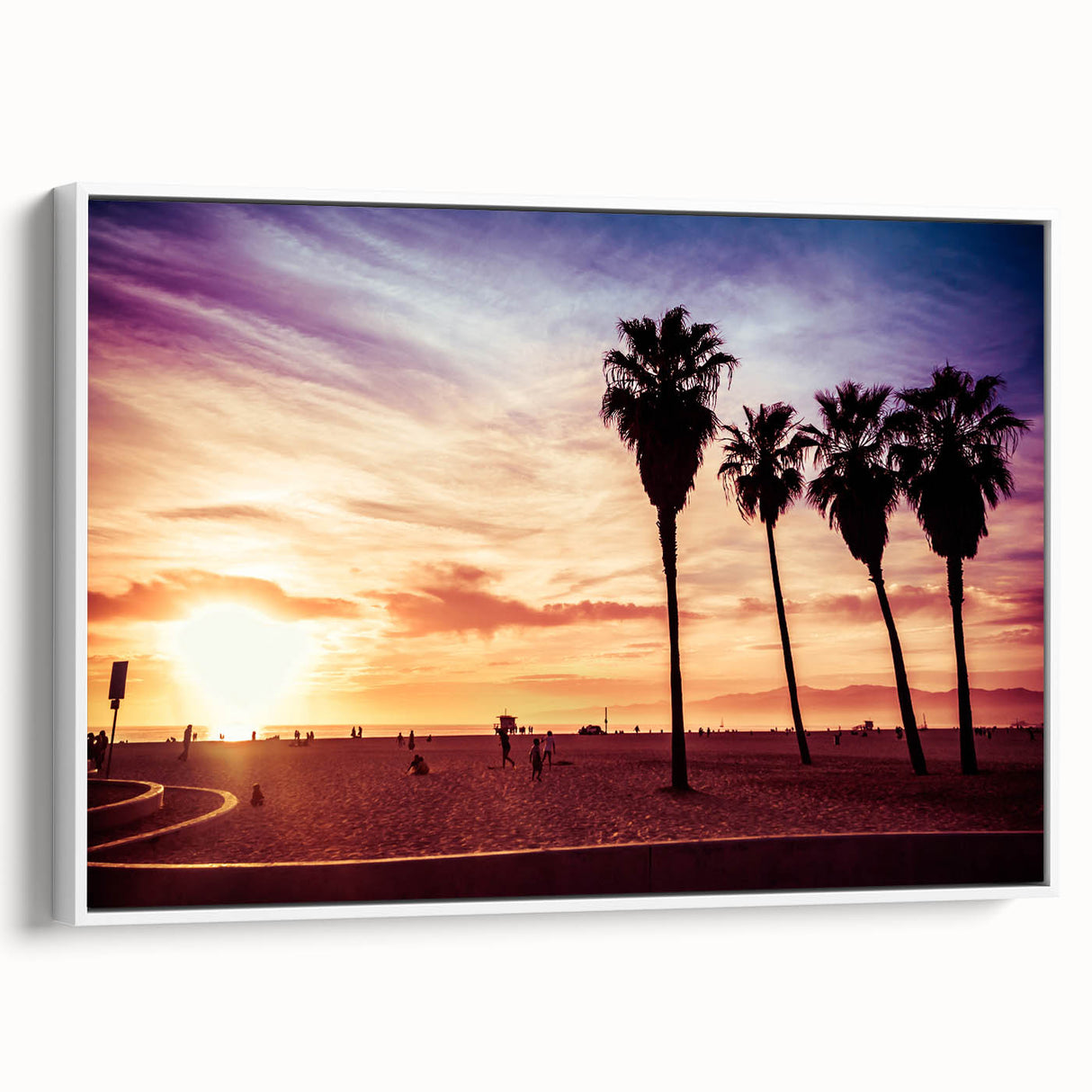 Framed canvas of vintage poster art featuring colorful Los Angeles scenery, ideal for extra large living room wall.
