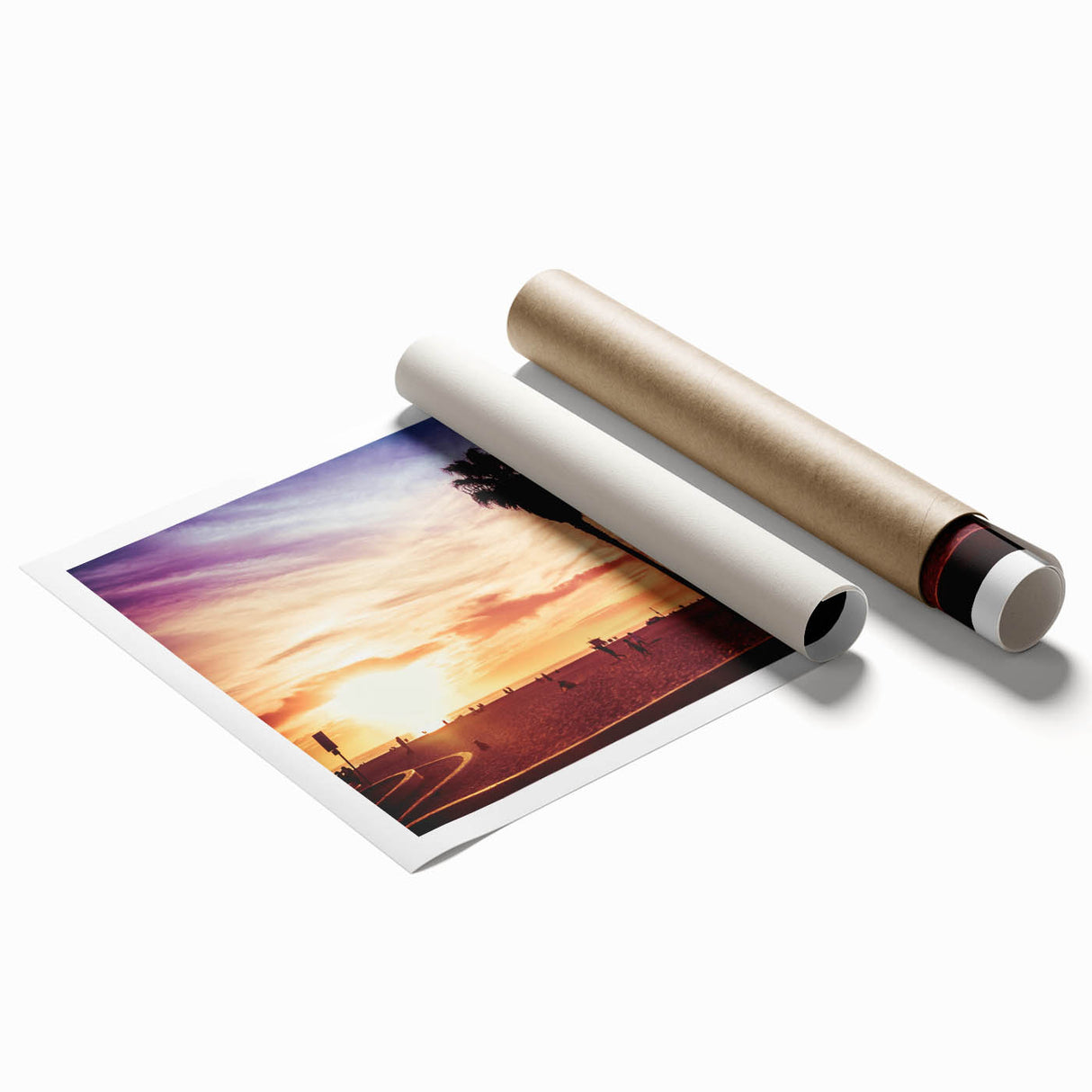 Extra large rolled print of Los Angeles scenery with vibrant floral elements, ideal for classy bathroom wall art.