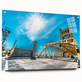 Acrylic print of a large abstract depiction of Sacramento skyline in muted gray and blue tones.