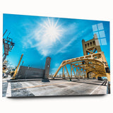 Large abstract acrylic print of Sacramento skyline in muted earth tones, ideal for bedroom or dining room decor.