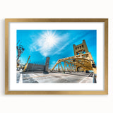 Extra large abstract art print of Sacramento scenery in textured gold frame, ideal for living room decor.