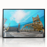 Large abstract wall art of Sacramento skyline in muted gray and blue tones on a framed acrylic.