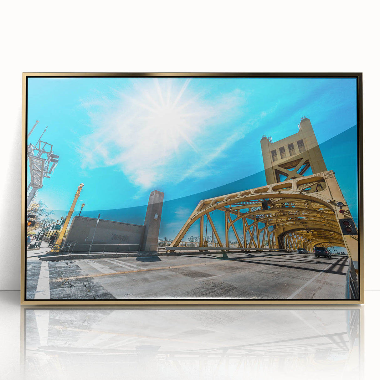 Mid-century modernist art of Sacramento skyline in gold and blue tones on framed acrylic, suitable for modern art wall decor.