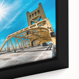 Extra large framed canvas of a textured Sacramento scenery in black with colorful accents, ideal for living room decor.