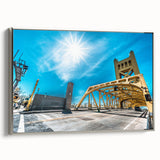 Framed canvas of a vintage Sacramento landscape in colorful and black tones, ideal for living room decor.