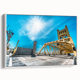 Vintage poster art of Sacramento with colorful accents on a large framed canvas, ideal for living room decor.