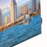 Large abstract wall art depicting San Diego scenery in mid-century modernist style on acrylic glass.