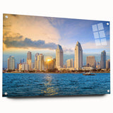 Acrylic print of San Diego scenery in muted blue tones, ideal for dining room decor.