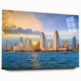 Large abstract wall art of San Diego skyline in vibrant blue and orange tones on acrylic glass.