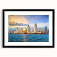 Abstract art print of San Diego scenery in vibrant colors on a large, framed canvas, suitable for living room decor.