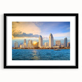 Abstract art print of San Diego scenery in vibrant colors on a large, framed canvas, suitable for living room decor.