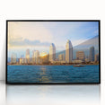 Large abstract wall art of San Diego skyline in muted gray and blue tones, framed acrylic, ideal for modern office decor.