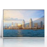Art Deco style poster of San Diego skyline in muted colors on framed acrylic.