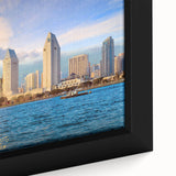 Extra large framed canvas featuring a textured depiction of the San Diego skyline in black with colorful art accents.