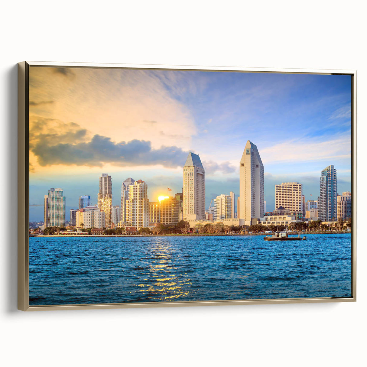 Framed canvas depicting a vintage-style San Diego landscape in black and gold tones, ideal for bedroom wall art.