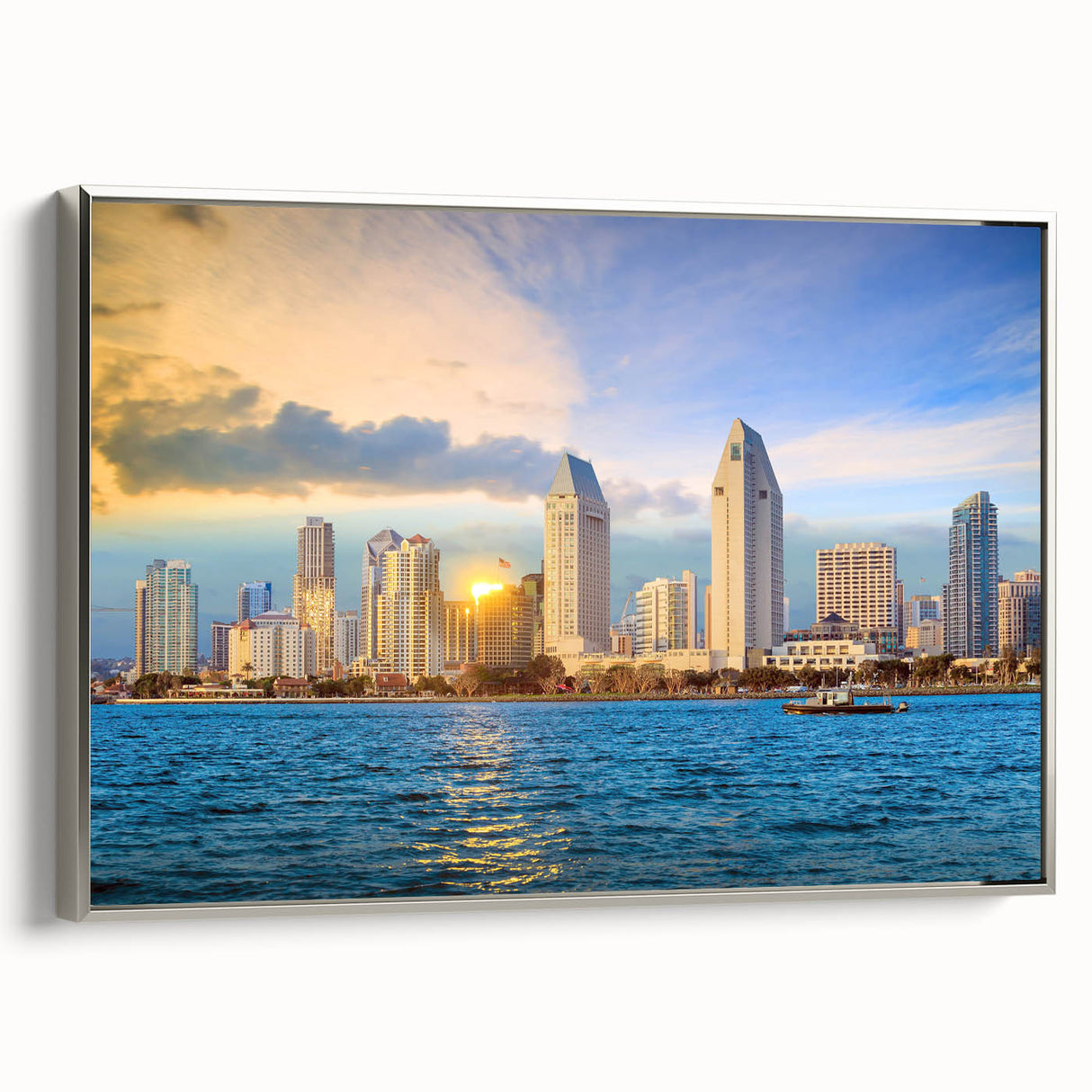 Landscape art painting of San Diego skyline in vibrant colors on a framed canvas, ideal for modern office decor.