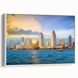 Vintage poster art of San Diego skyline in colorful hues on extra large framed canvas, ideal for living room decor.