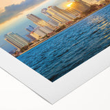 Art deco poster featuring the San Diego skyline in muted silver and blue tones on rolled canvas.