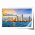 San Diego skyline in muted watercolor shades on rolled canvas, suitable for dining room or bathroom wall art.