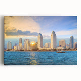 Black and white photo of San Diego skyline on large stretched canvas, suitable as kitchen art.