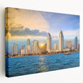 San Diego skyline depicted in muted blue and gray tones on a large stretched canvas, ideal for kitchen wall art.