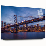 Acrylic print of a large abstract depiction of the San Francisco skyline in muted blue and gray tones.