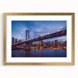 Extra large abstract art print of San Francisco skyline in textured gold frame, ideal for living room decor.