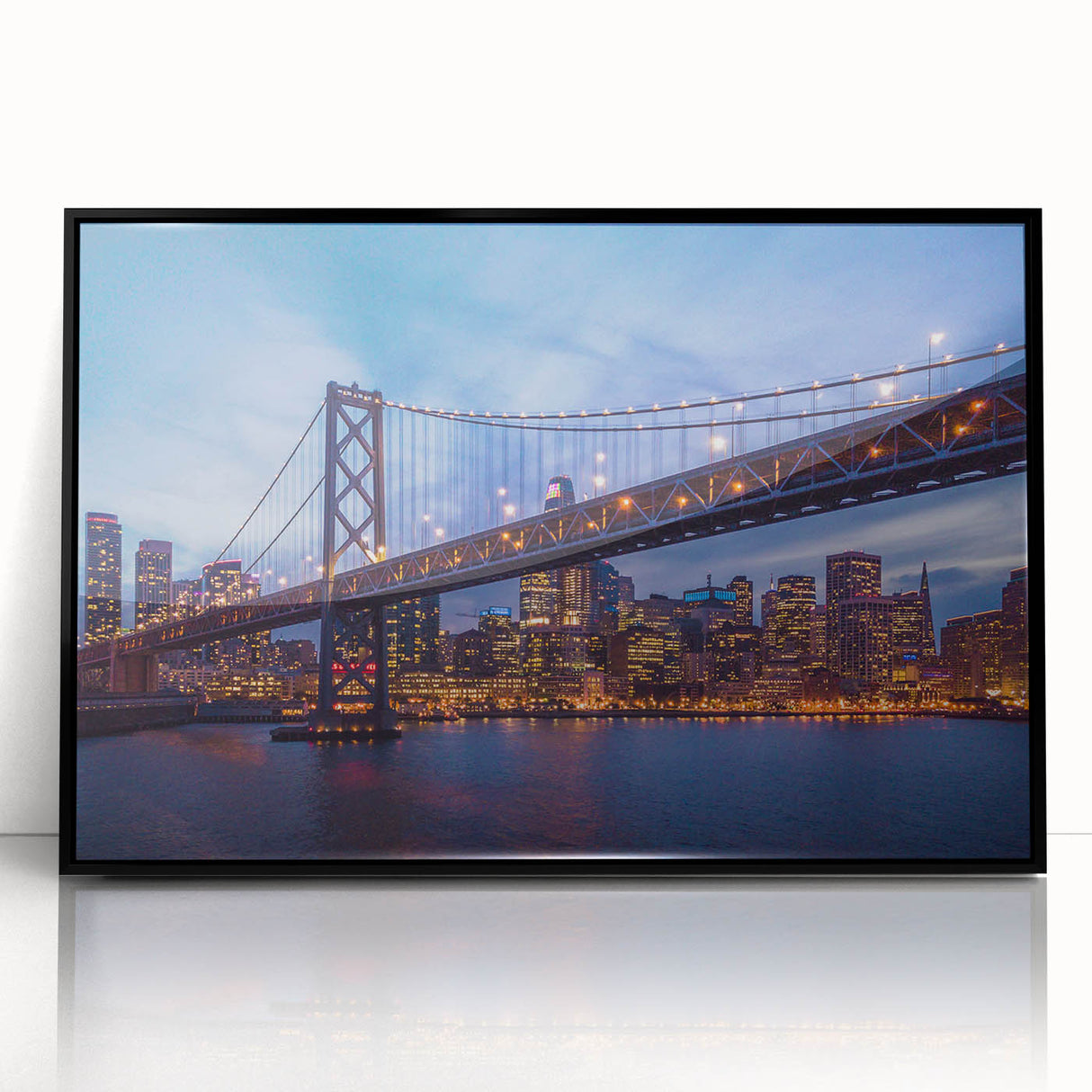 Large abstract wall art depicting the San Francisco skyline in muted gray tones on a framed acrylic.
