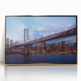 Large art print of San Francisco skyline in muted gold tones on a framed acrylic, ideal for modern art wall decor.