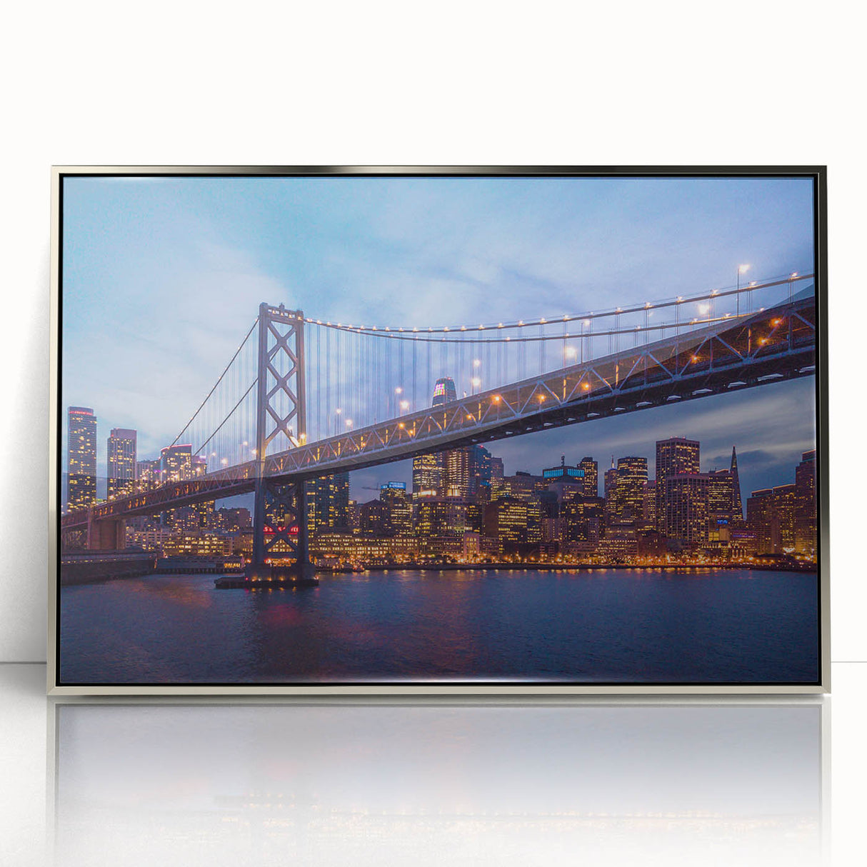 Mid-century modernist art of San Francisco skyline in muted gray tones, framed acrylic, suitable for modern art wall decor.