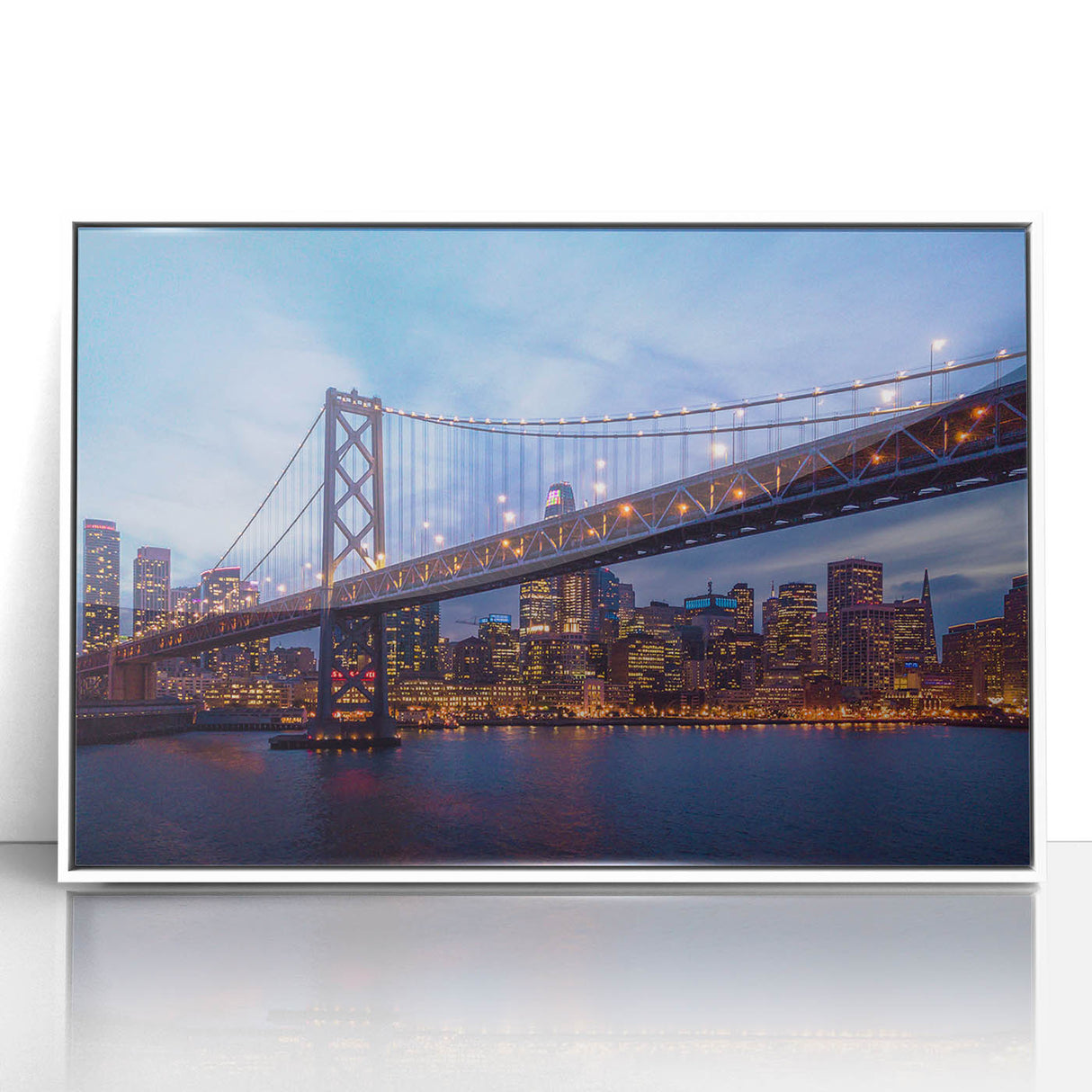 Art deco poster of San Francisco skyline in muted gray and blue tones.