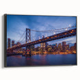 Black and white framed canvas featuring a vintage poster art style landscape of San Francisco, ideal for bedroom wall decor.