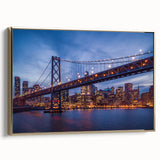 Framed canvas depicting a vintage-style San Francisco landscape in black and gold tones, ideal for bedroom wall art.