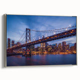 Framed canvas of San Francisco landscape art in vintage poster style, featuring colorful art on black background.