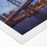 Art deco poster of San Francisco skyline in muted blue and gray tones on rolled canvas, suitable for dining room decor.
