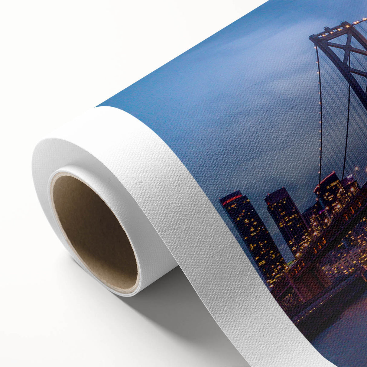Art Deco style San Francisco skyline in pastel shades on rolled canvas, ideal for nursery wall art.