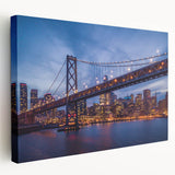 San Francisco skyline in muted gray and blue tones on a large stretched canvas, ideal for kitchen wall art.