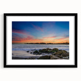 Extra large abstract art print of a vibrant Santa Barbara scenery, textured colors on a framed black mat.