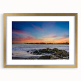 Extra large abstract art print of Santa Barbara scenery in muted earth tones on a textured canvas, framed in gold.